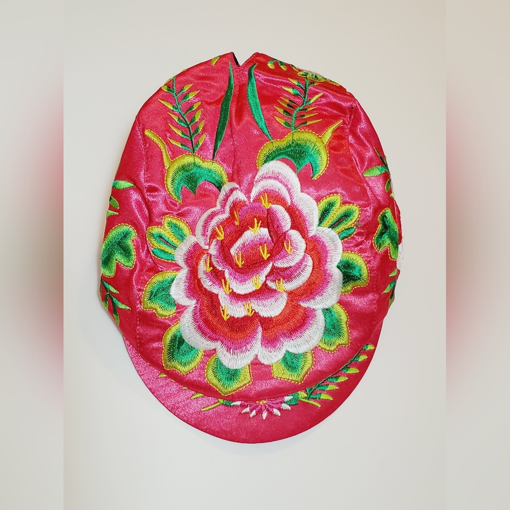 Asian Inspired Newspaper Boy Floral Embroidered Hat with Ponytail Hole